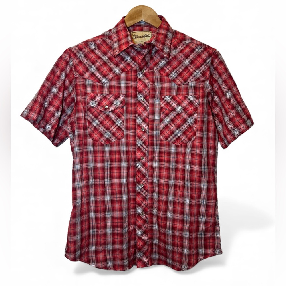 Wrangler‎ Western Snap Shirts Pearl Red Plaid Short Sleeve Medium Cotton Blend